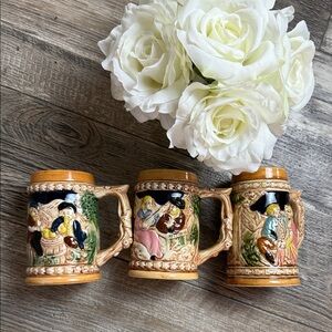 Vintage 3 Mugs, German style, Ceramic Beer Steins with Colorful Scenes